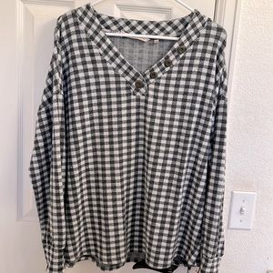 Soft Surroundings dark gray and white plaid fleece, long-sleeve v-neck.